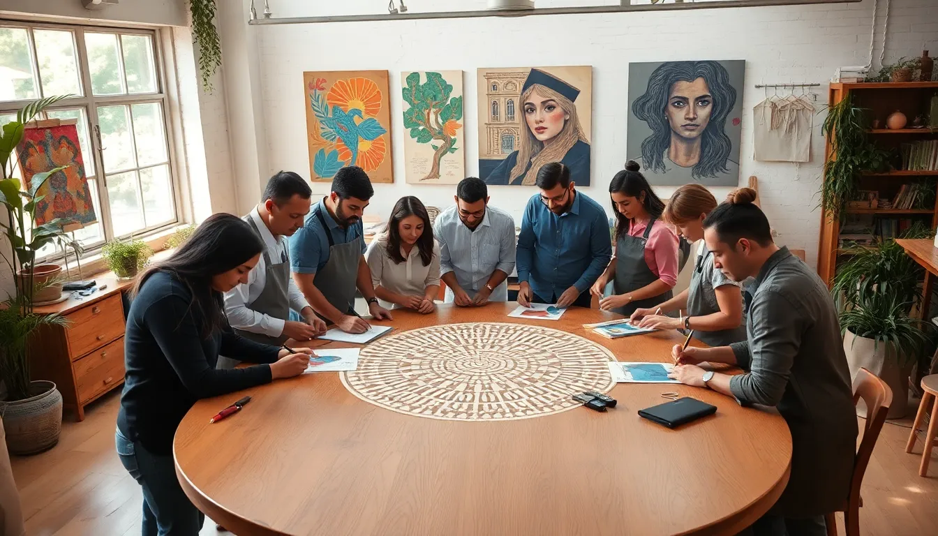 diverse artisans collaborating on kaifmoch projects in a workshop.