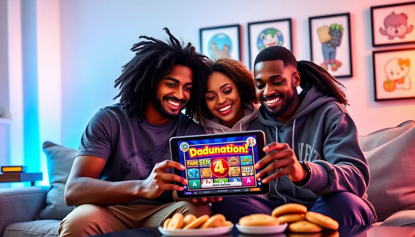 diverse gamers enjoying Dadunation Slot Games on a tablet.