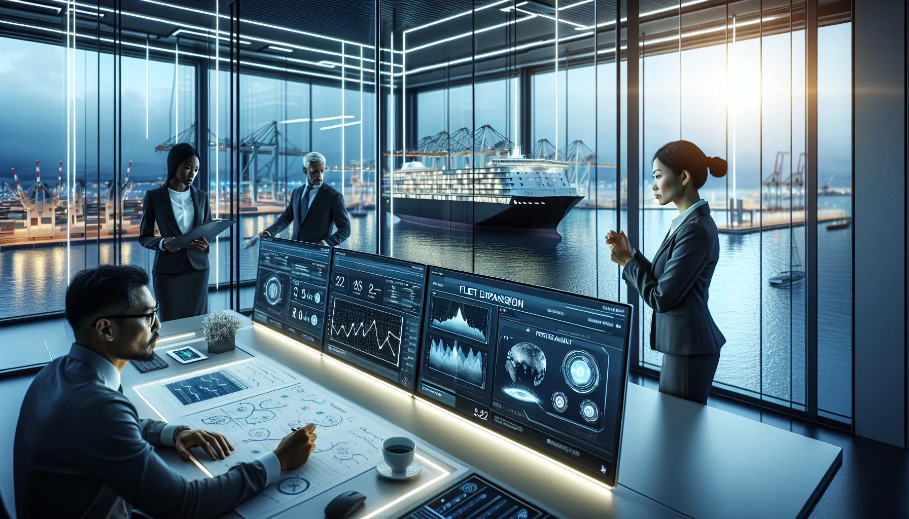 diverse team discussing maritime technology in a modern control room.