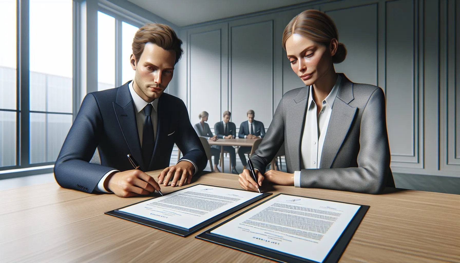 Two norwegian businesspeople signing and reviewing a detailed written contract in an office.