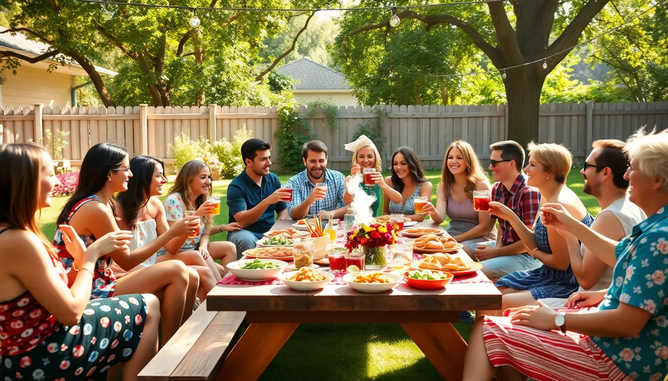Friends enjoying a backyard barbecue for a thrifty event.