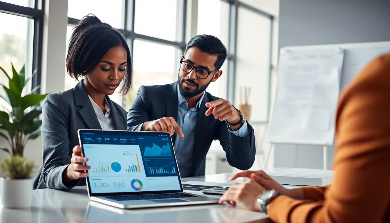 diverse professionals collaborating on data analytics in a modern office.