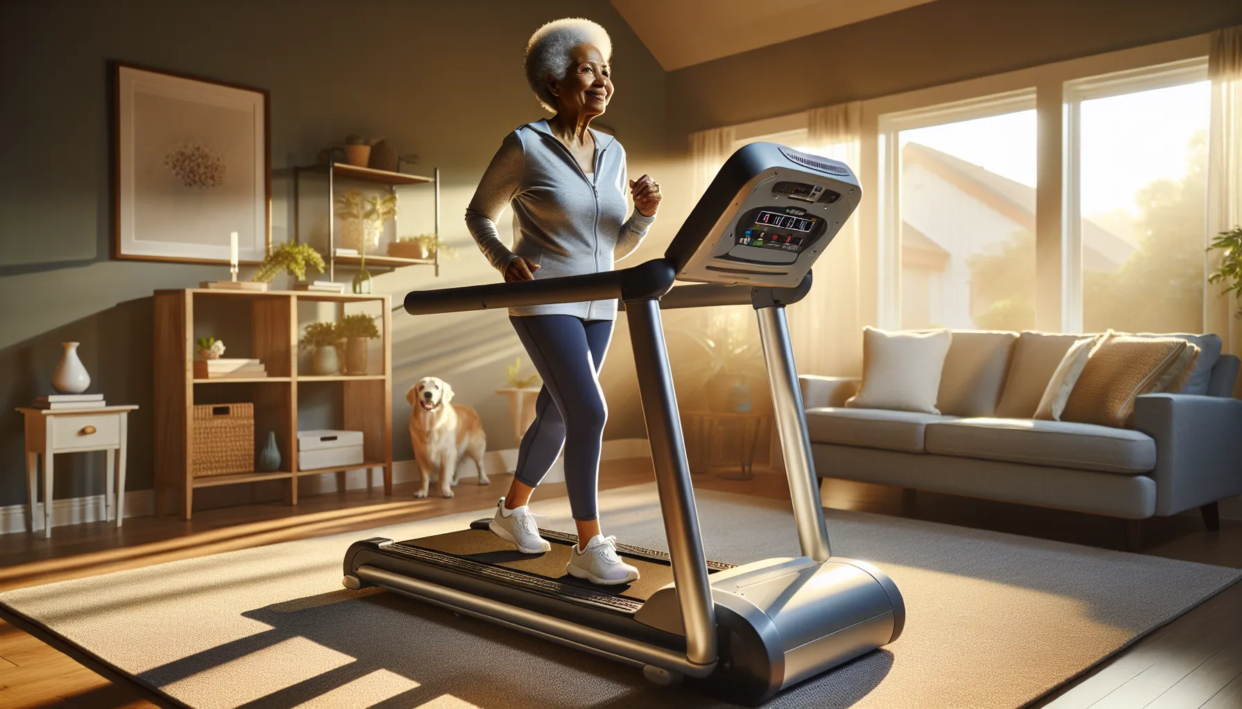 Older woman walking on a cushioned treadmill with long handrails at home.