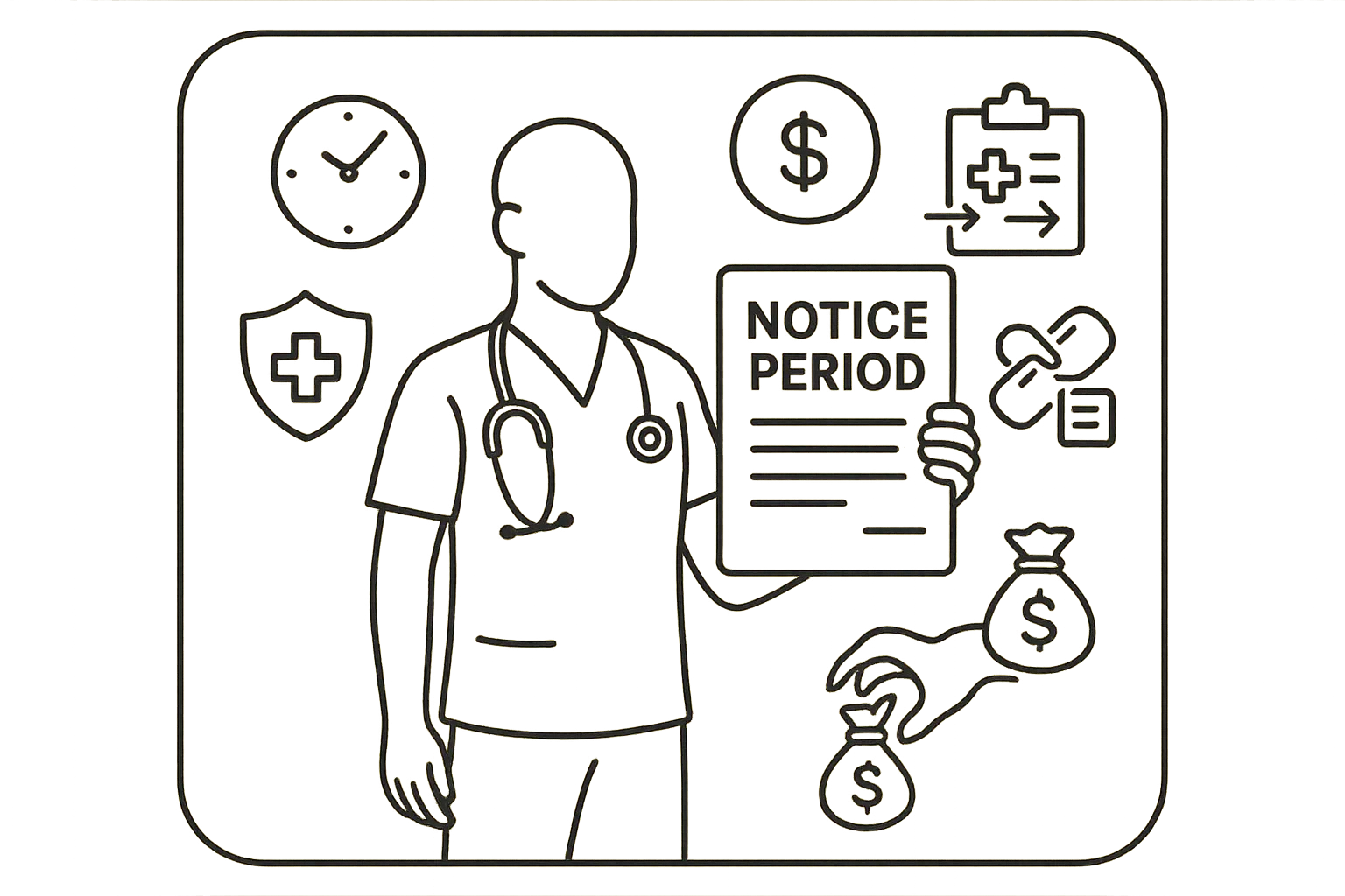 Physician assistant holding a notice-period contract with surrounding caution icons.