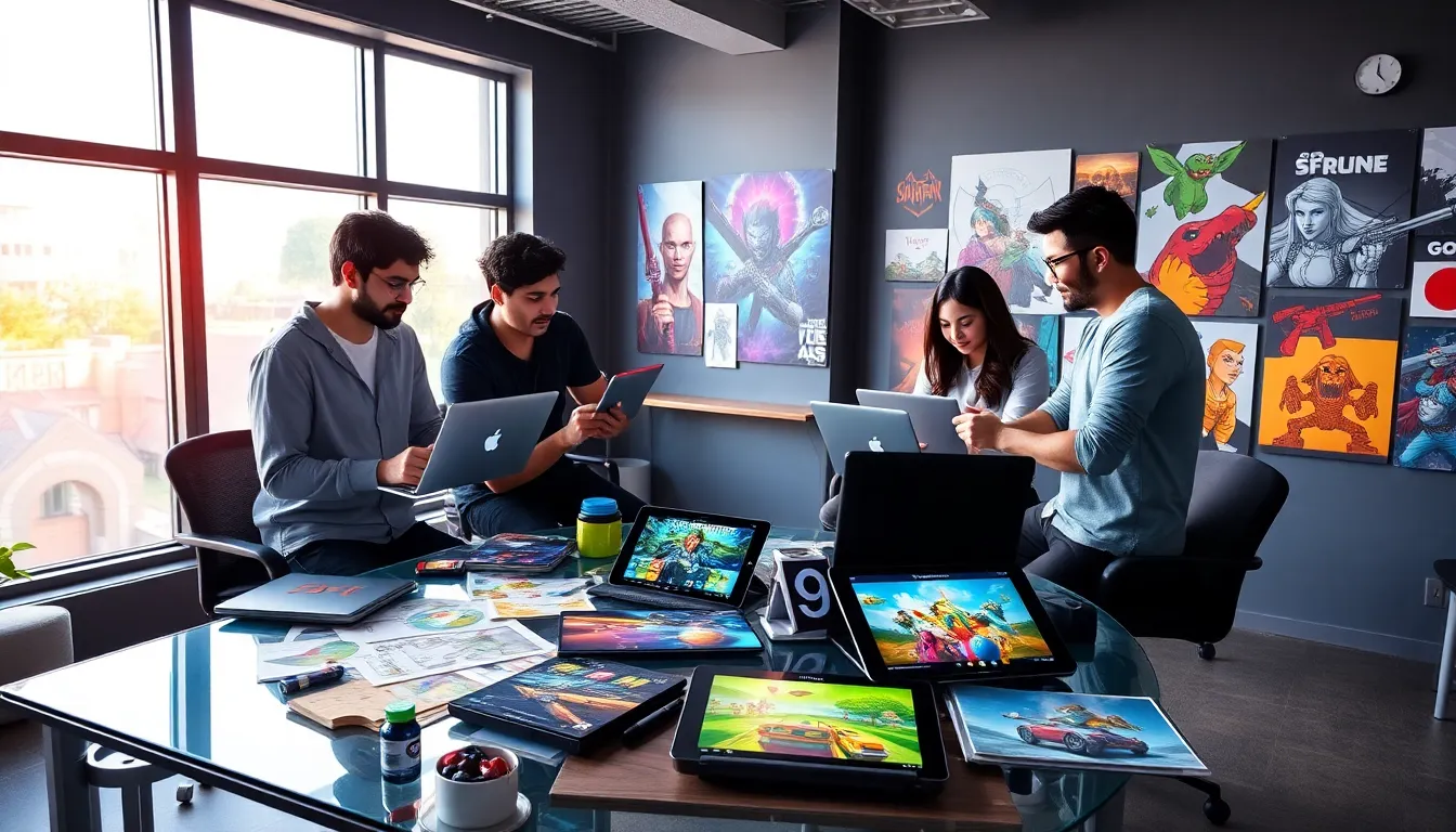 diverse team brainstorming in a modern gaming workspace.