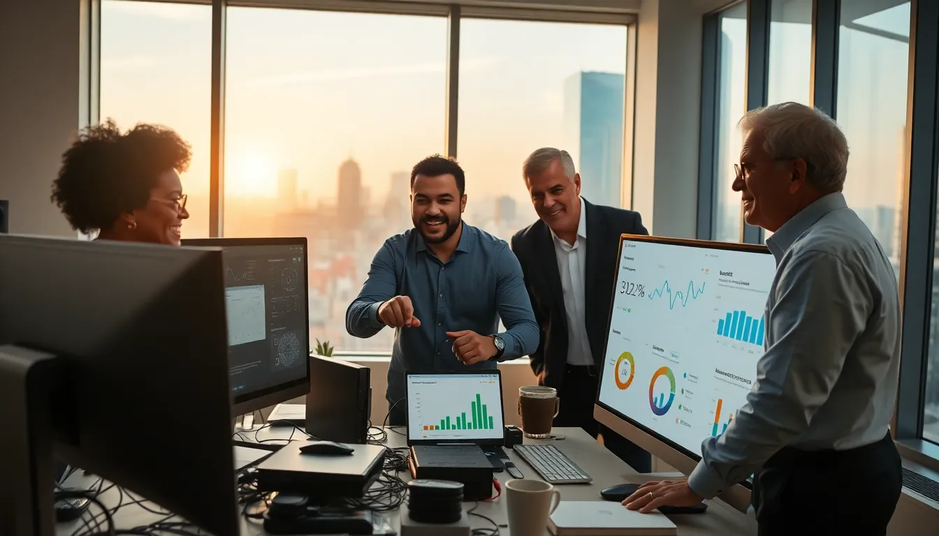a diverse group using LotsOfPower Net on a computer in a modern office.