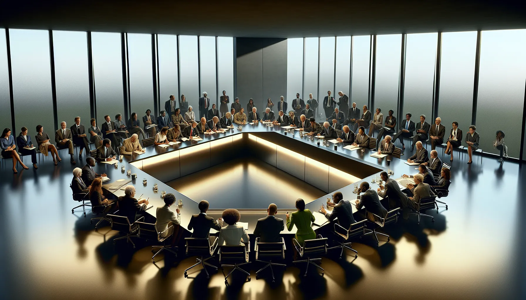 diverse professionals discussing identity and society in a modern conference room.