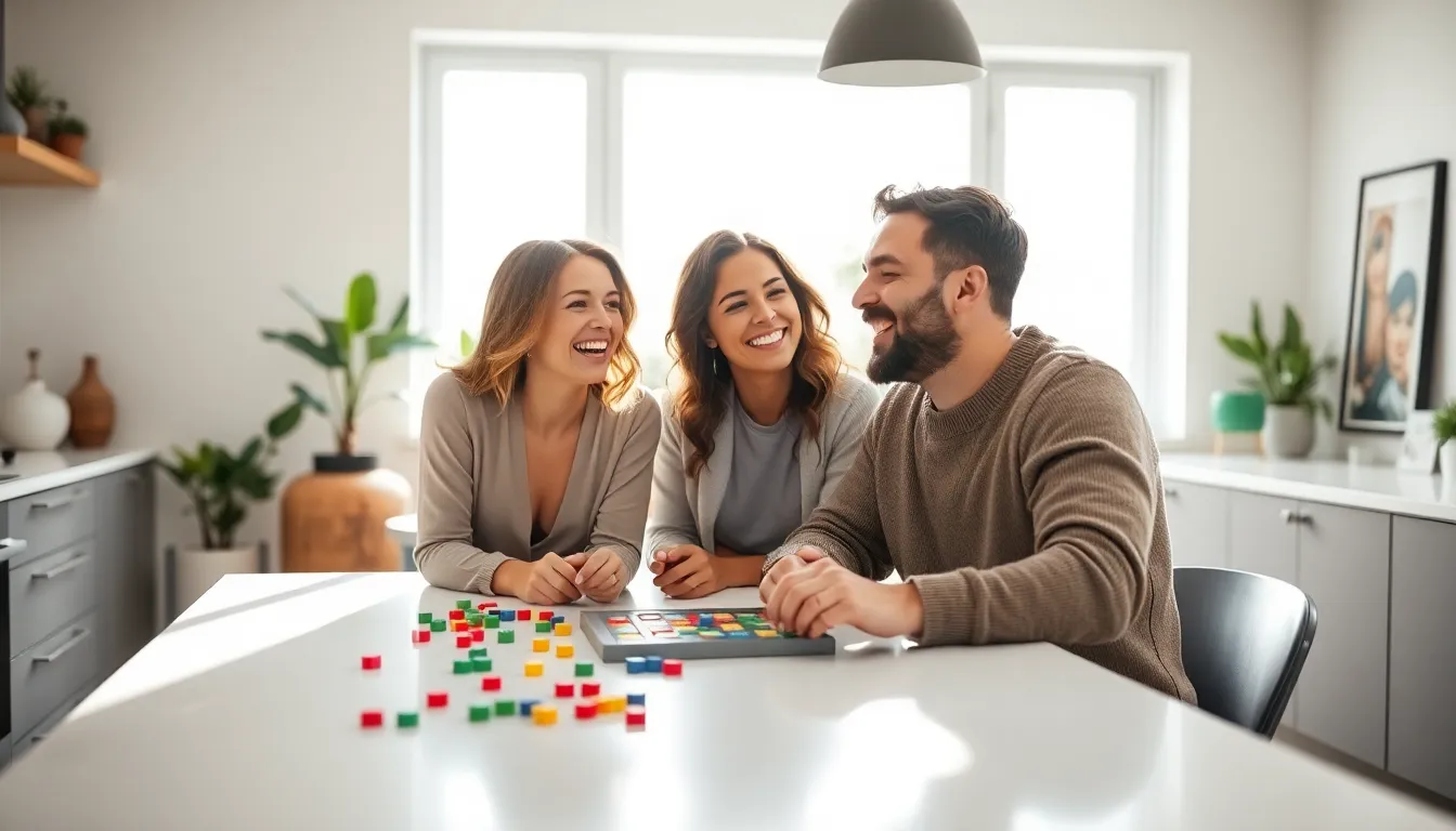 diverse couple laughing together at a kitchen table during a game.