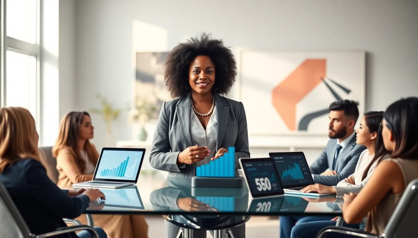 Ann Anderson leading a diverse team in a modern office setting.