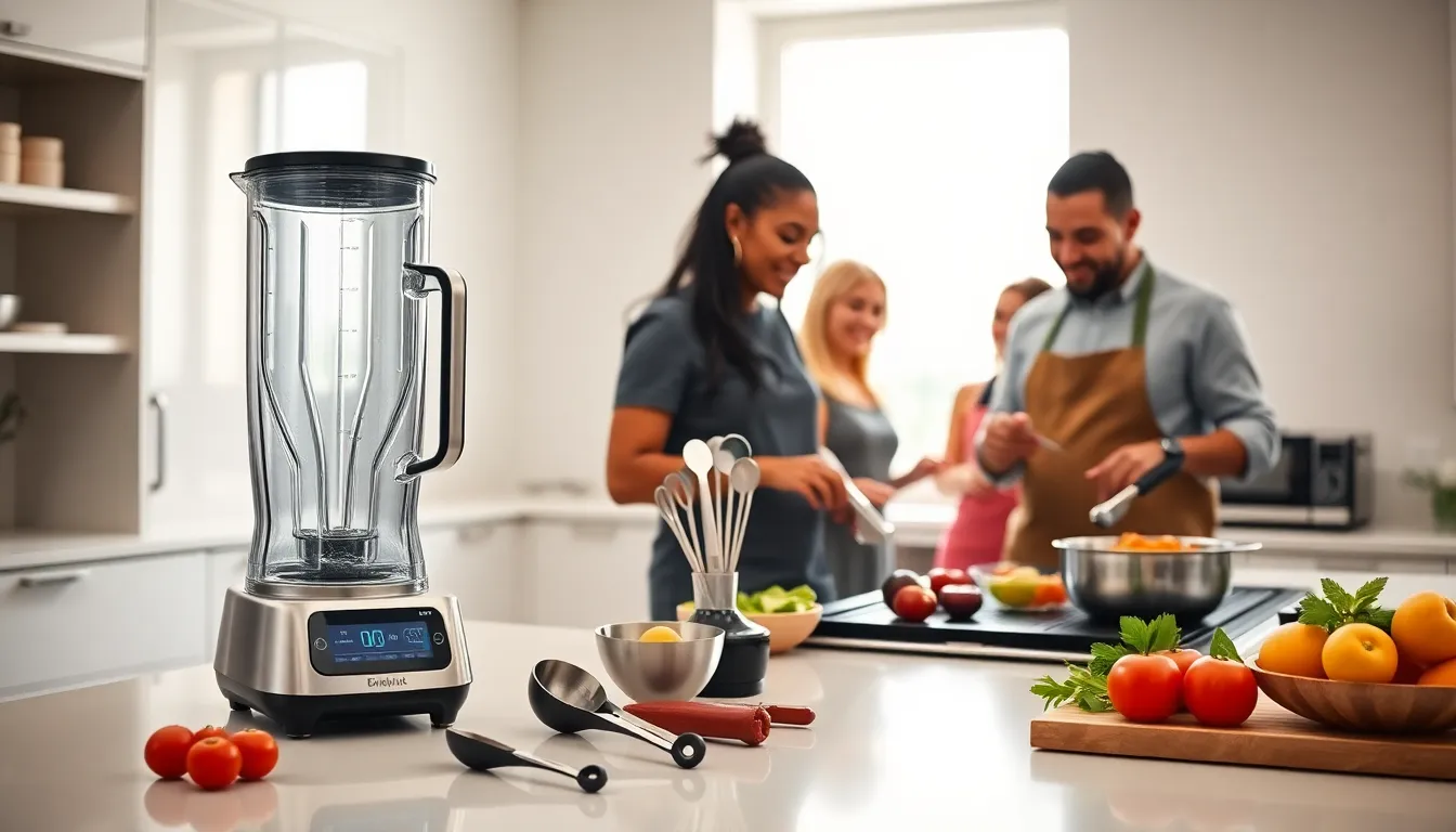 a modern kitchen with innovative gadgets and diverse people cooking together.