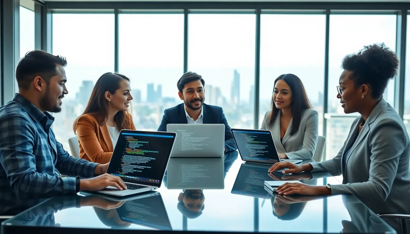 diverse team collaborating on custom offshore software development in a modern office.