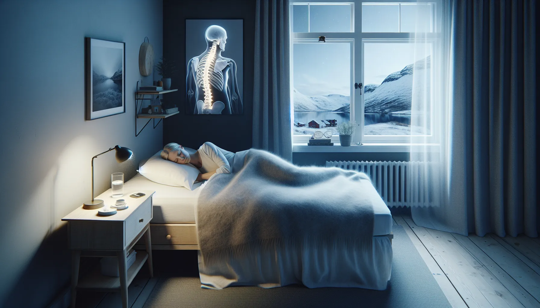 Slik kan kiropraktisk behandling forbedre søvnkvaliteten 1 Adult sleeping deeply in a cozy norwegian bedroom with highlighted relaxed spine.