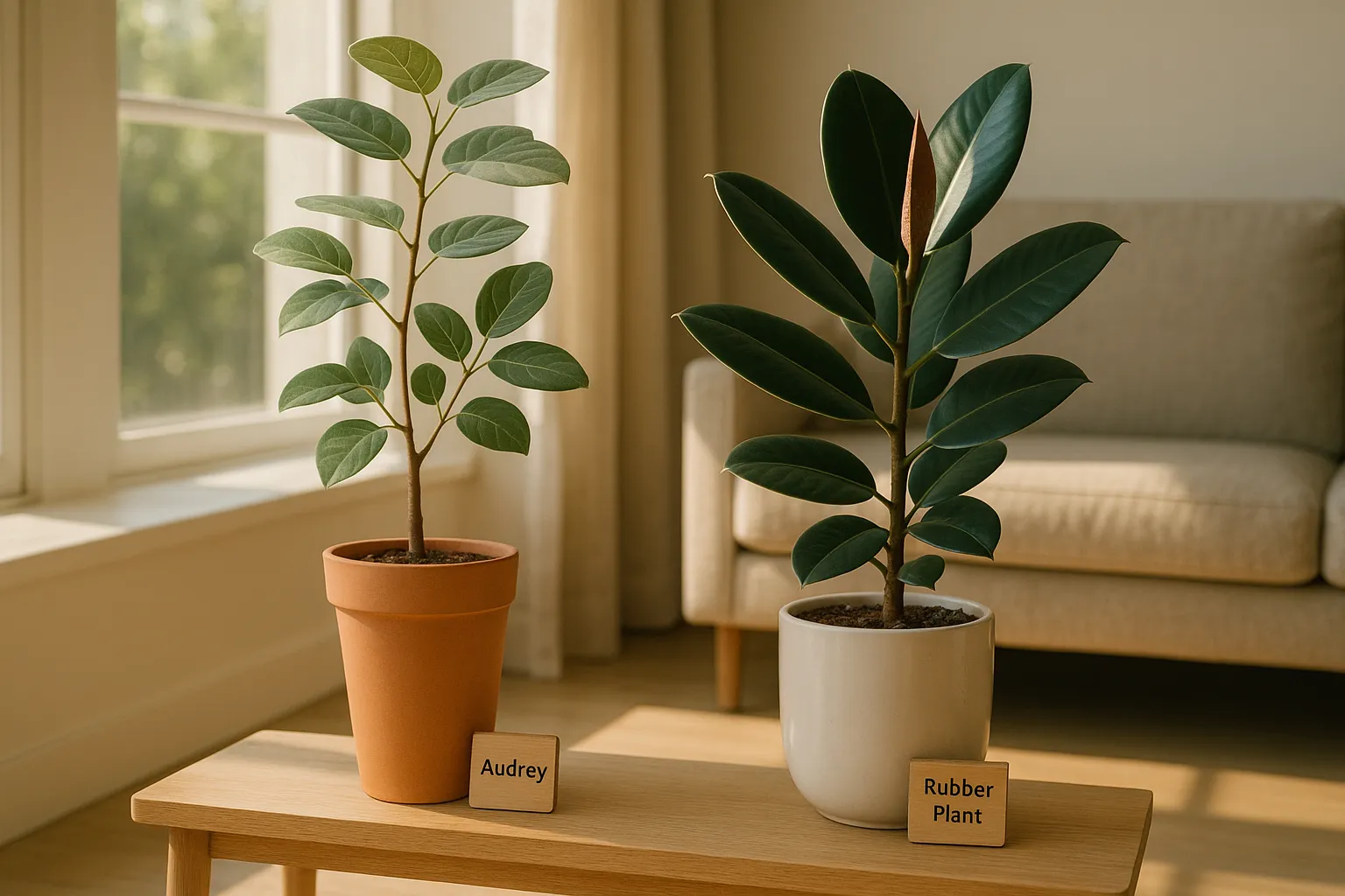 Side-by-side Ficus Audrey and glossy Rubber Plant by a sunlit window.