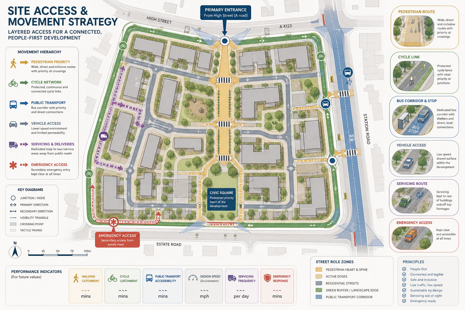 Infographic of a UK site access plan prioritising walking, cycling and buses.