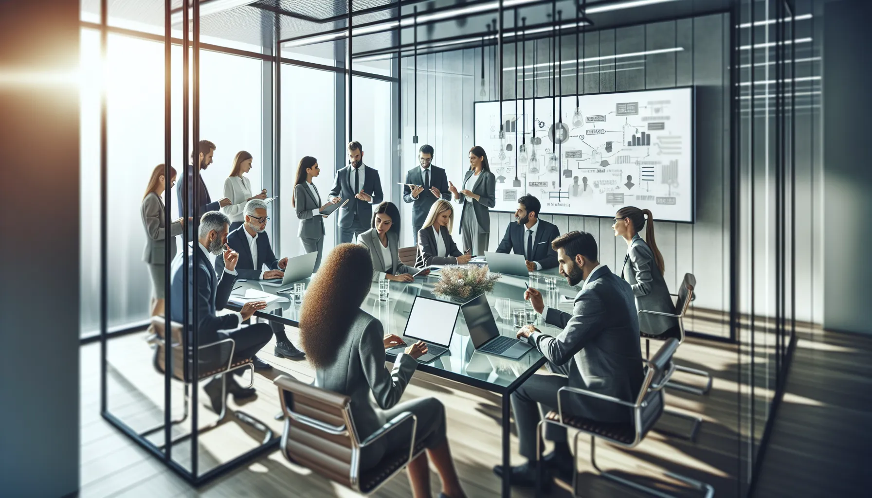 diverse professionals brainstorming in a modern conference room.