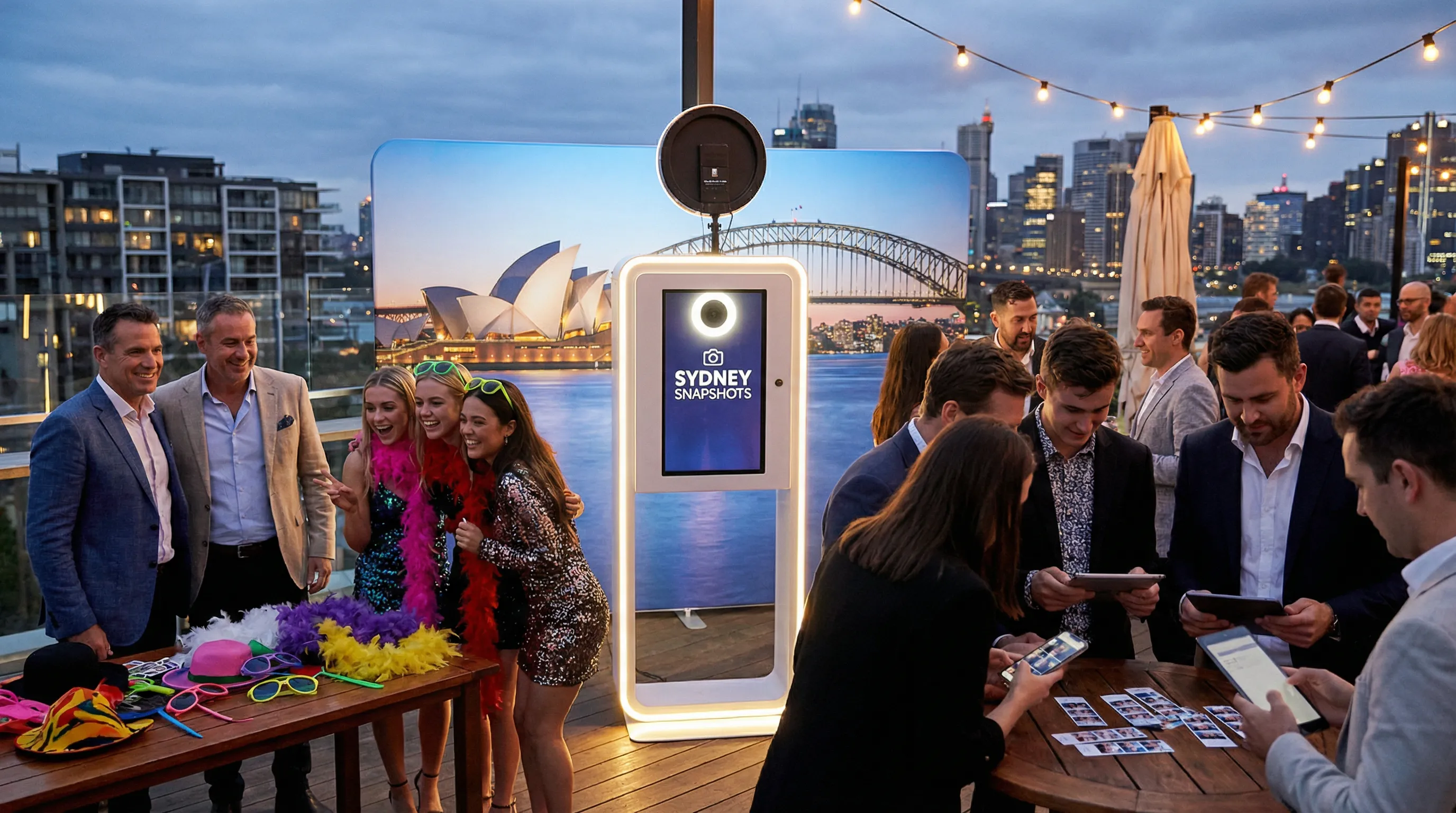 Guests enjoying a modern photo booth at a stylish Sydney party.
