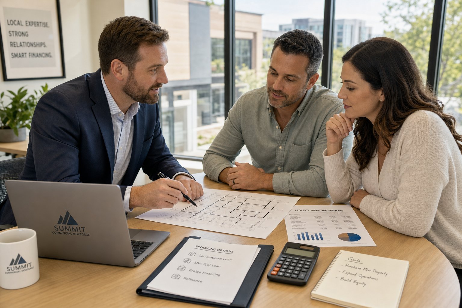 Commercial mortgage advisor meeting business owners at a bright office table with property plans and financial documents.