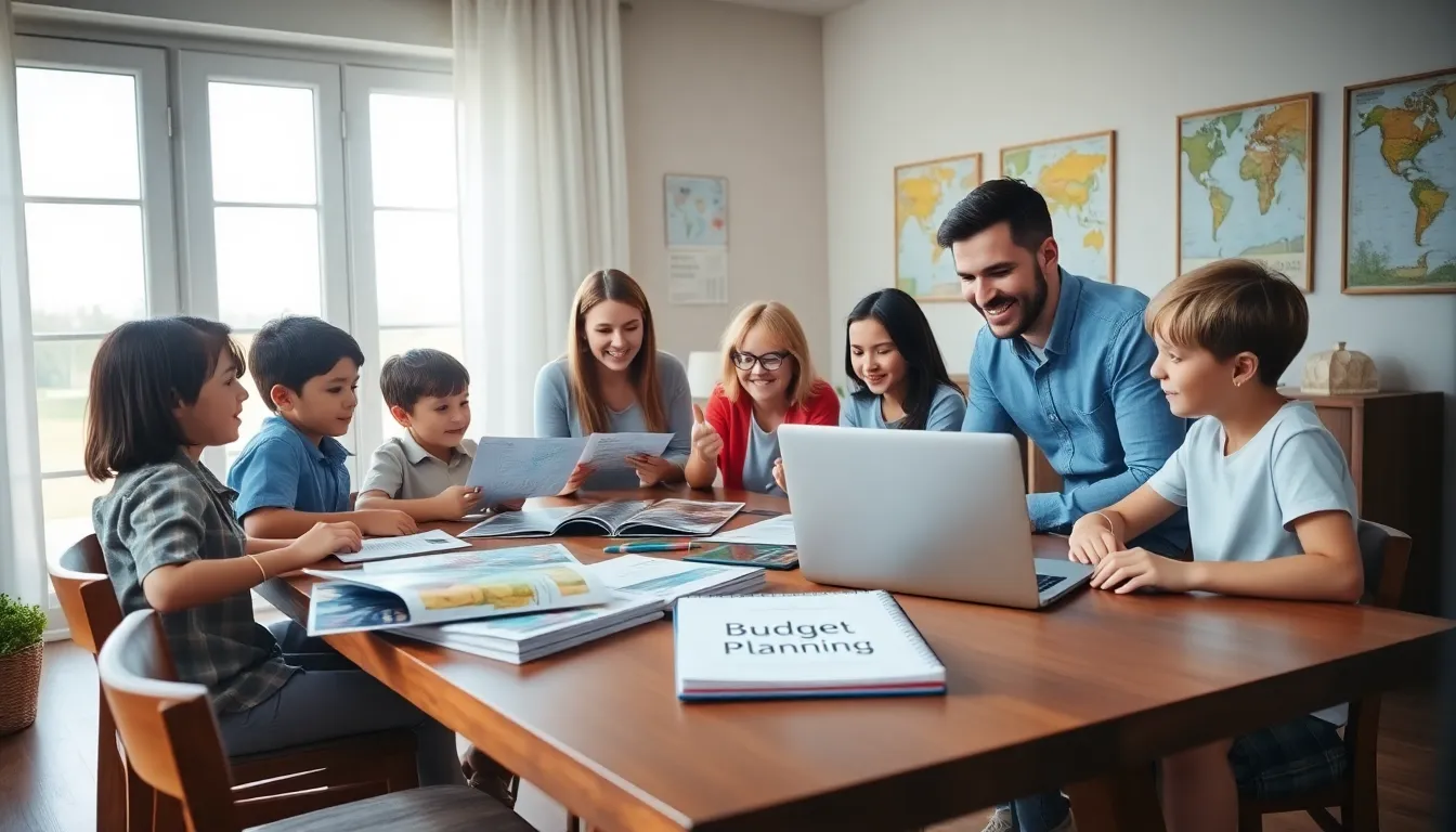 family discussing vacation budget in a bright home office.