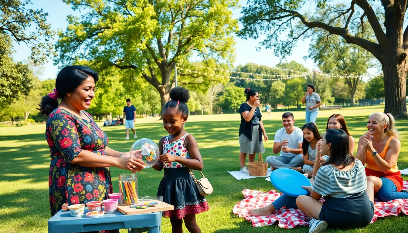 a community gathering with DIY crafts and outdoor games in a park.