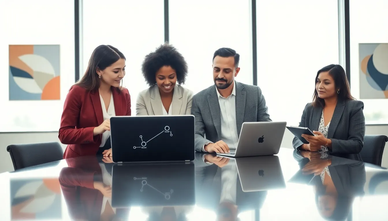 diverse professionals collaborating in a modern office setting.