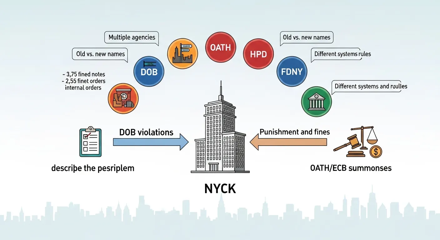 Infographic of NYC building violations showing agencies and two paths: problem vs fines.