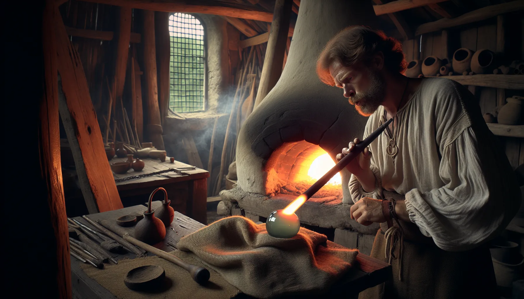 Norwegian glassblower shaping green forest glass, furnace glowing, gothic panel and cristallo nearby.