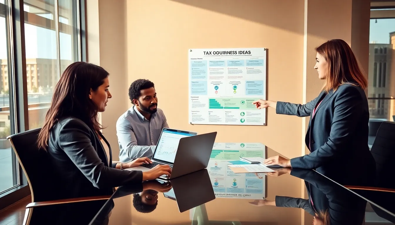 diverse business owners discussing tax obligations in a modern office.