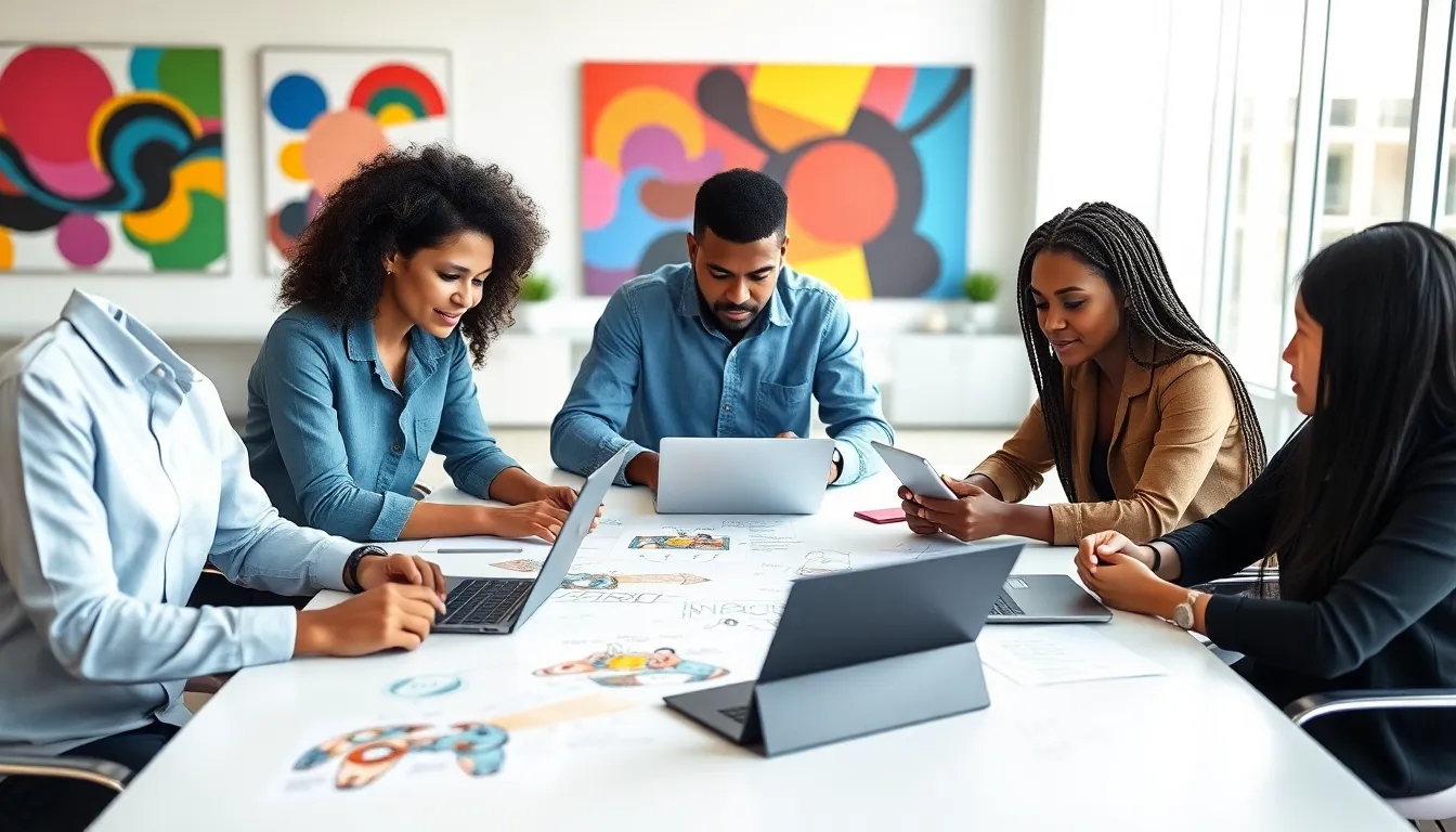 diverse team collaborating in a modern game design office.