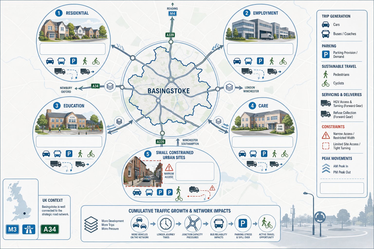 Infographic showing development types in Basingstoke needing traffic engineering input.