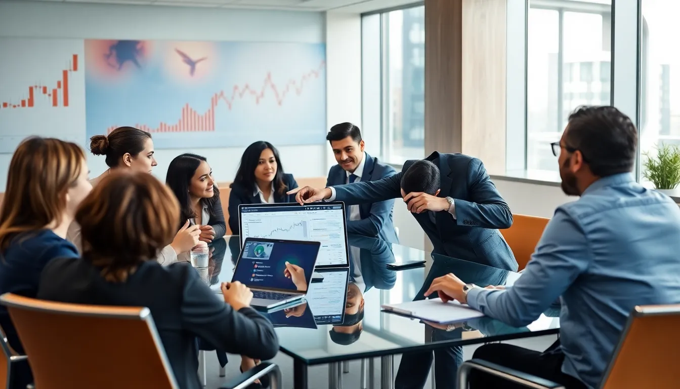 diverse finance team discussing prime brokerage strategies in a modern office.