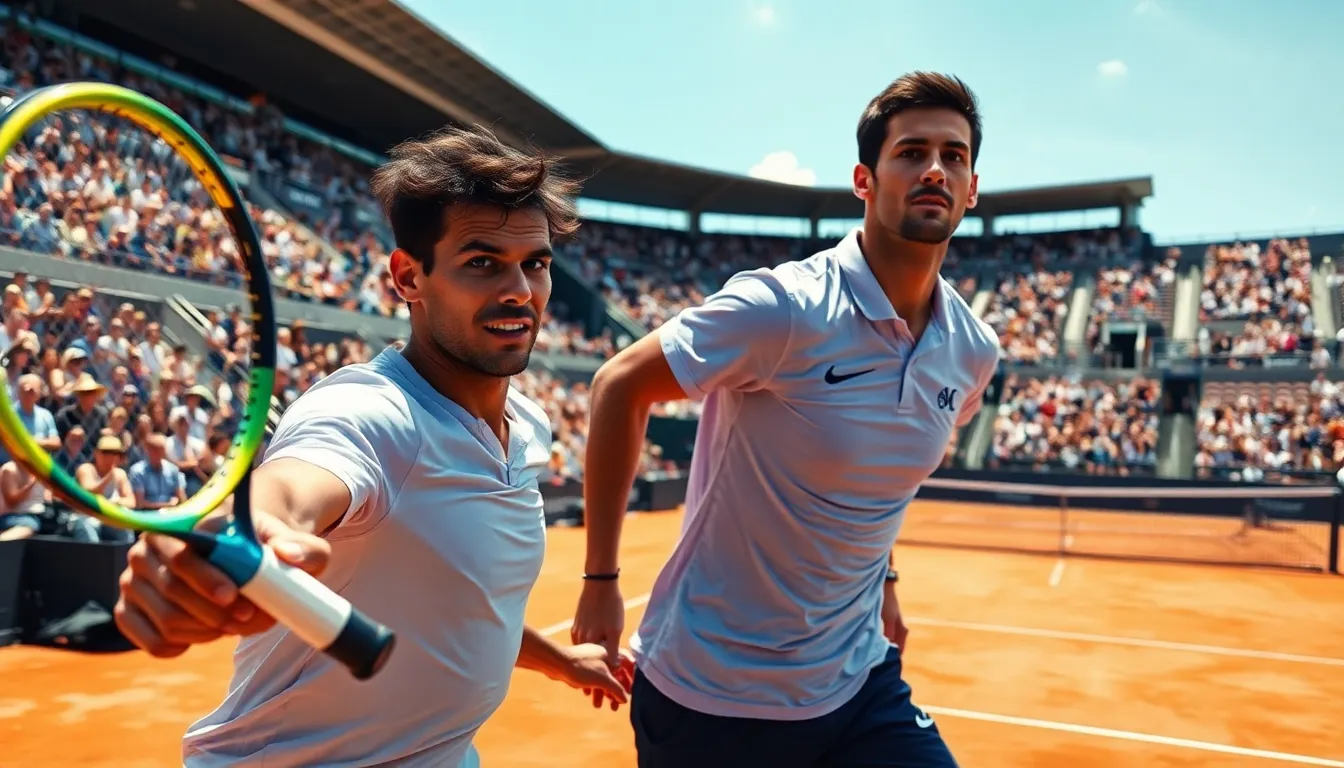 Nadal and Djokovic in action during a Grand Slam tennis match.