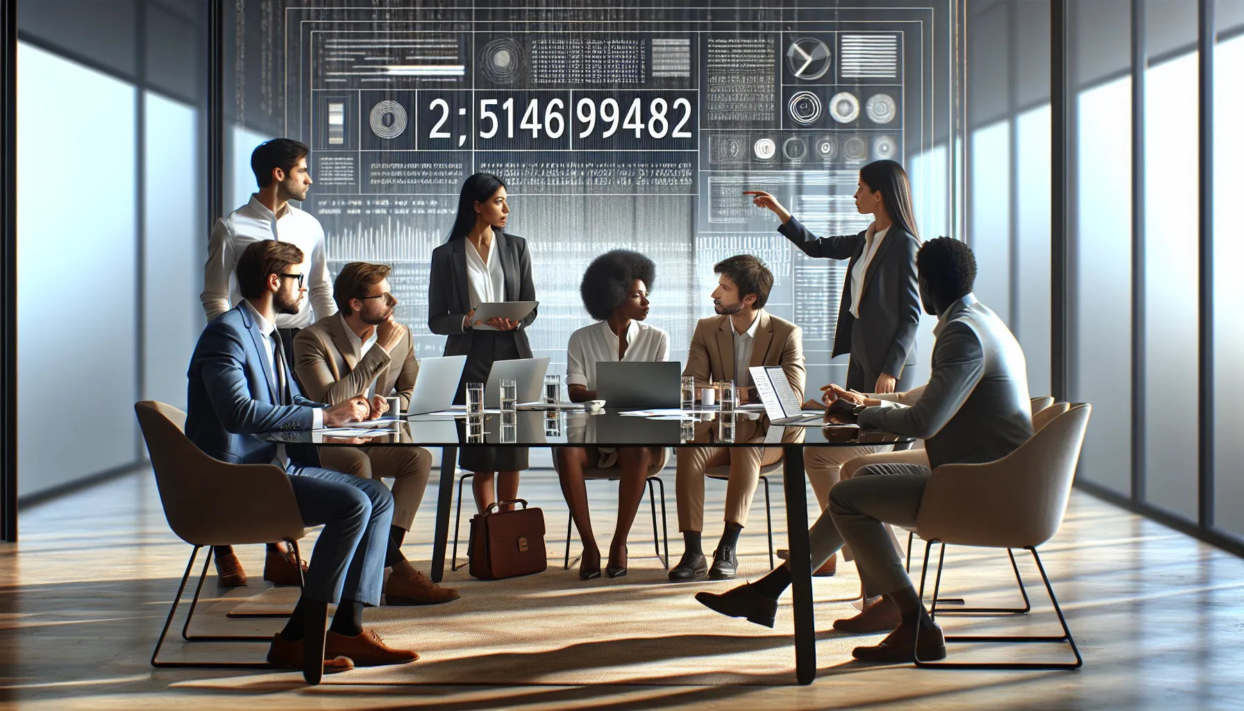 diverse team discussing numerical identifiers in a modern office.