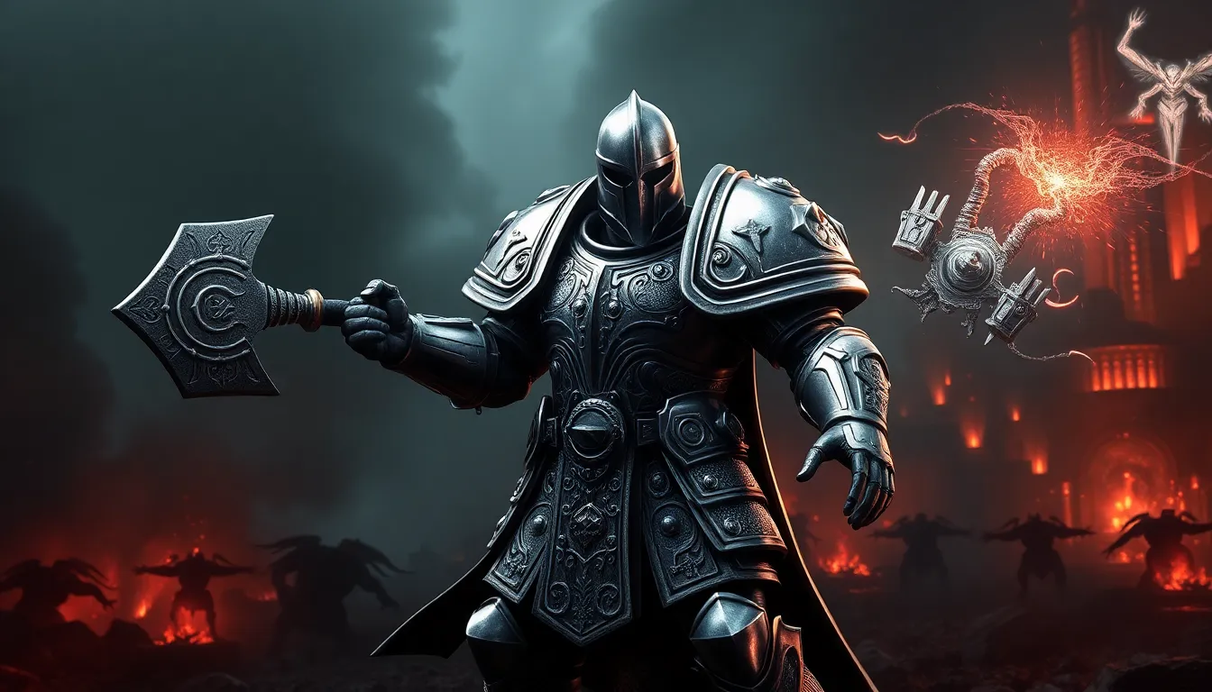 Grey Knights warrior in a dynamic battle pose with power hammer.