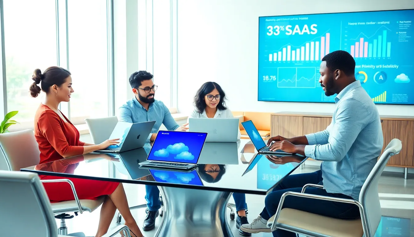 team collaborating in a modern office on cloud-based applications.