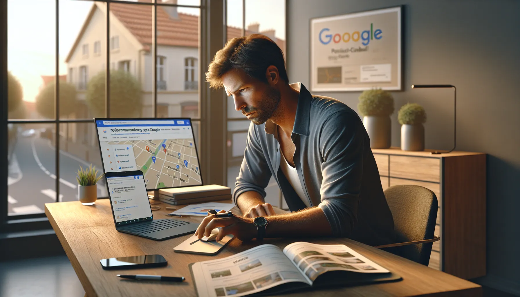 Business owner in Pontault-Combault analyzing local Google SEO results on laptop.