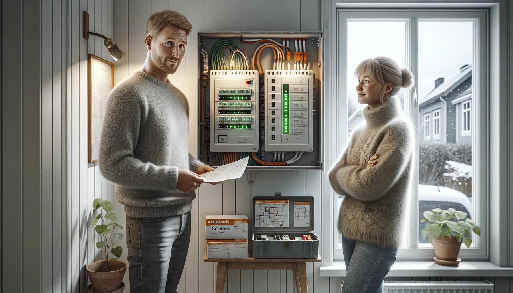 Hvordan unngå strømbrudd med riktig vedlikehold 4 Electrician and homeowner inspect a modern breaker panel in a norwegian house.