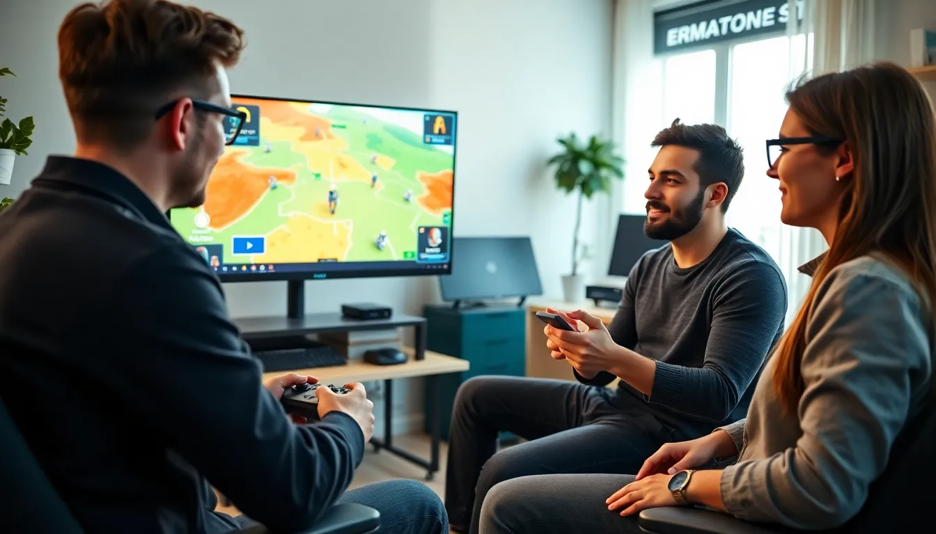 diverse group of professionals playing a radar game in a modern office.