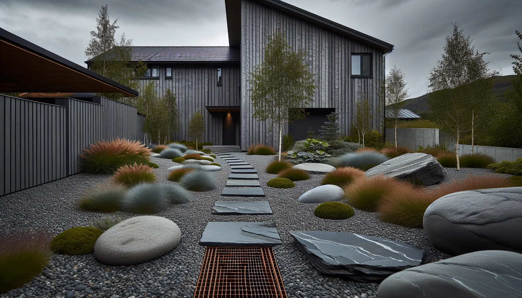 Hvordan lage en vedlikeholdsfri hage med stein 3 Norwegian slate stepping-stone path with steel edging, gravel, and slot drainage.