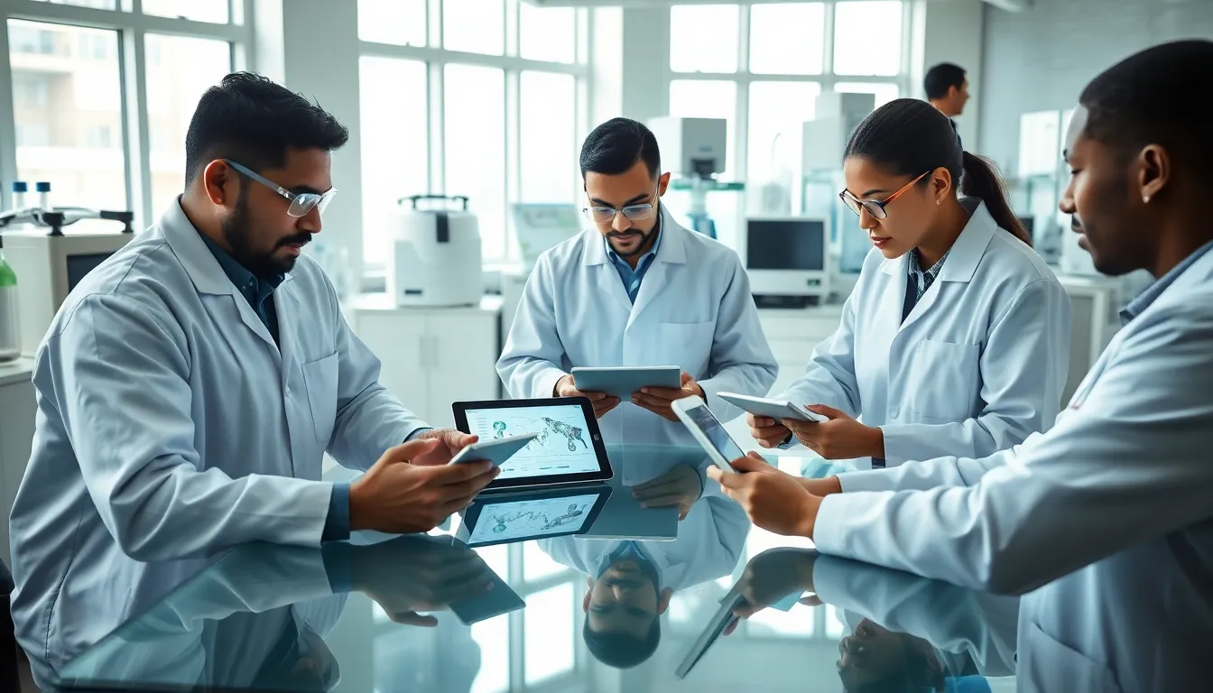 diverse team of biotech engineers collaborating in a modern laboratory.