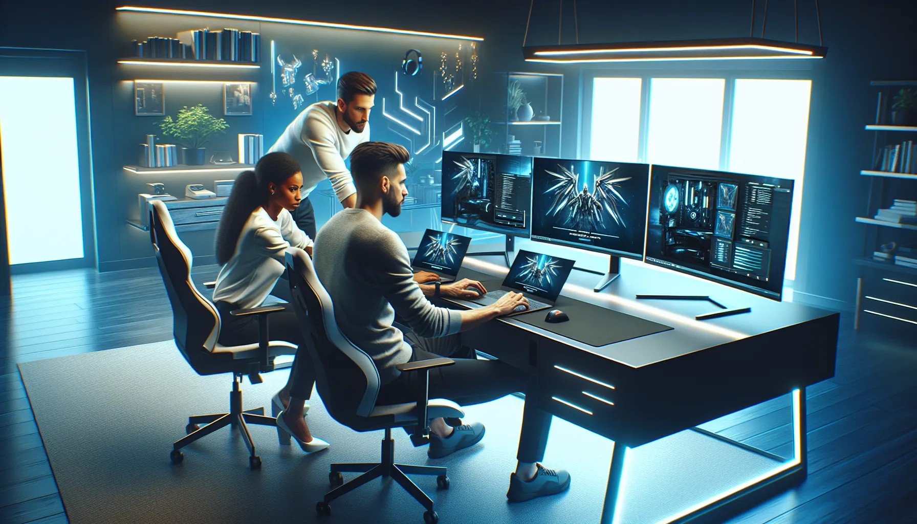 diverse team collaborating on a gaming patch installation.