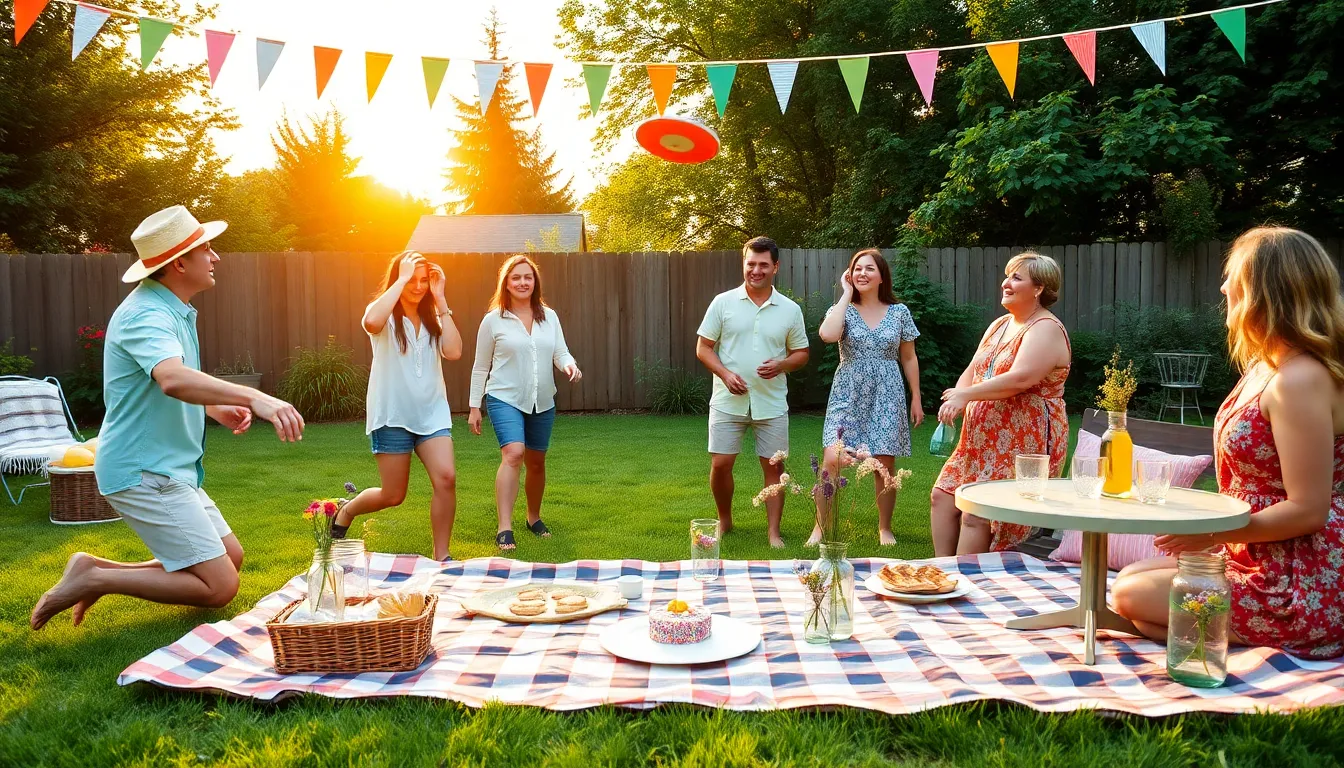 a lively thrifty outdoor celebration with friends in a backyard.