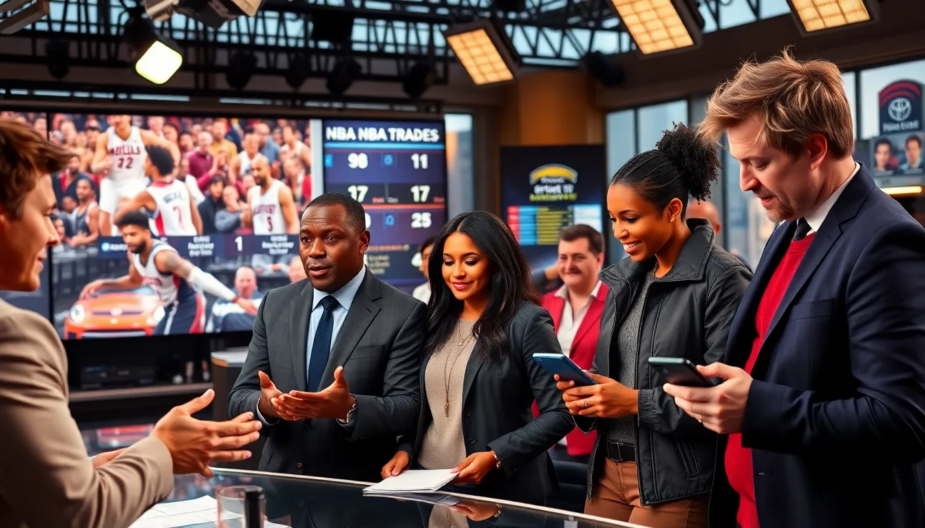 sports analysts discussing trending NBA stories in a lively newsroom.