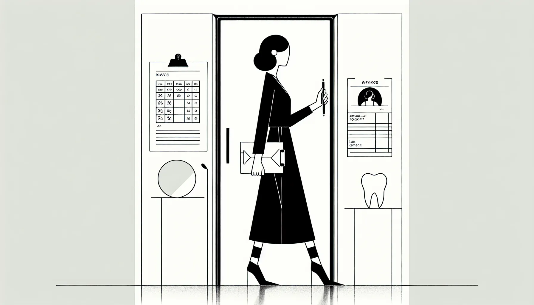 Dentist walking away from office with contract, calendar, ledger, and clawback icon.