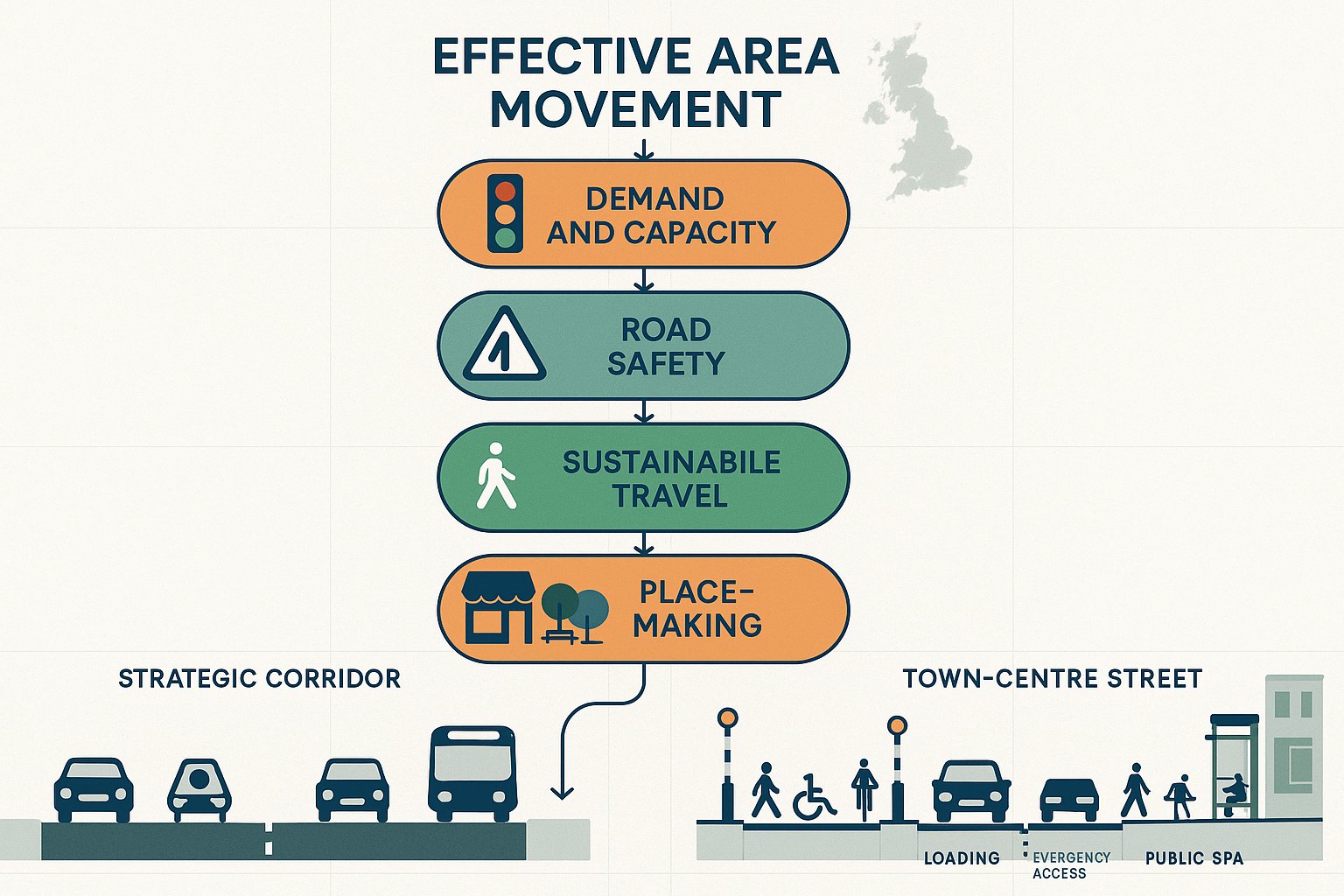 Infographic showing five goals of an area movement strategy in the UK.