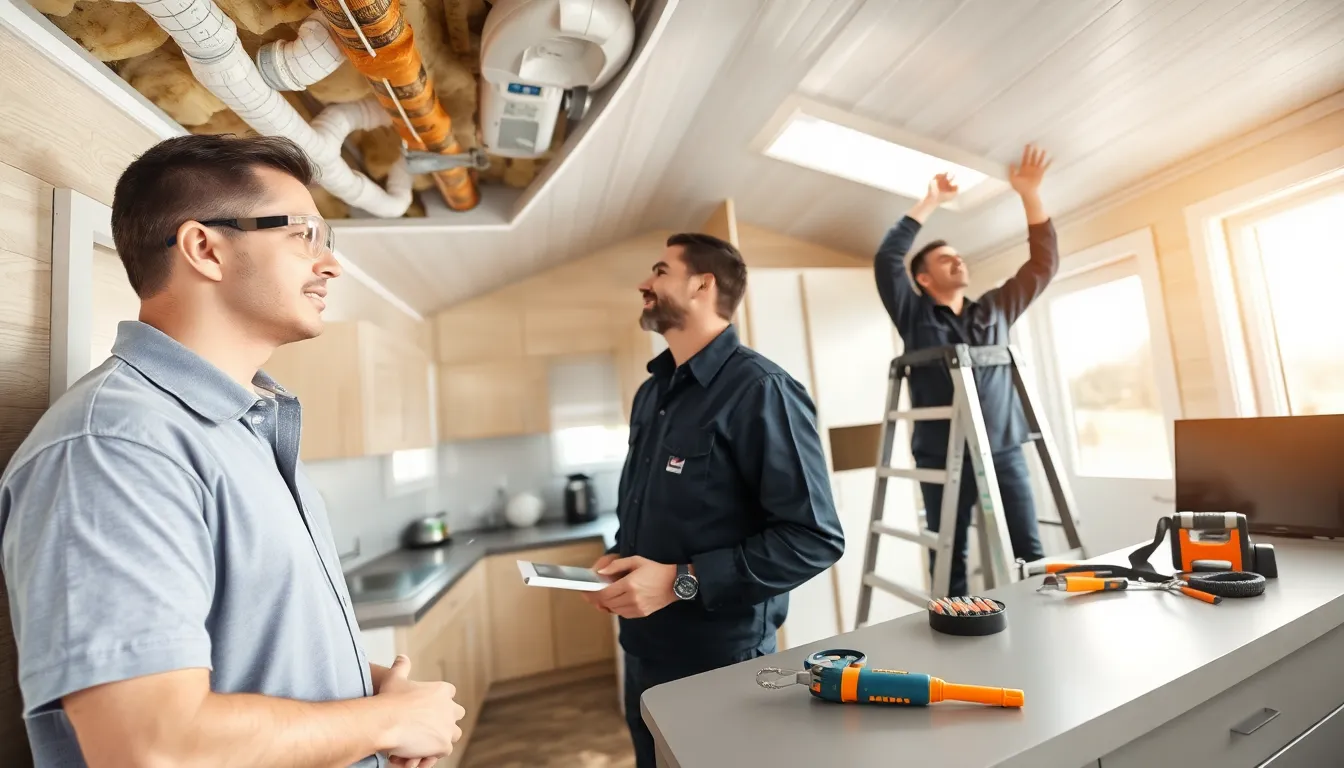 Maintenance team inspecting the interior of a mobile home.