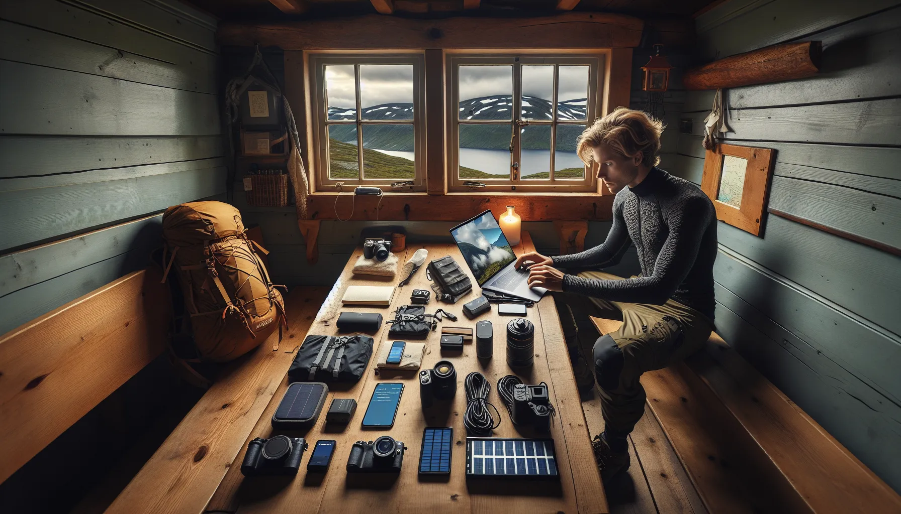 Slik holder du elektronikken trygg på friluftseventyr 2 Norwegian hiker carefully selecting and backing up essential electronics before outdoor trip.