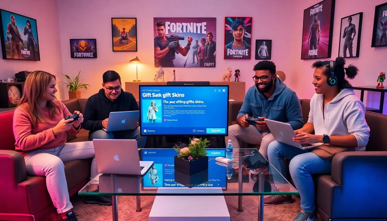 friends discussing gifting Fortnite skins in a cozy gaming setup.