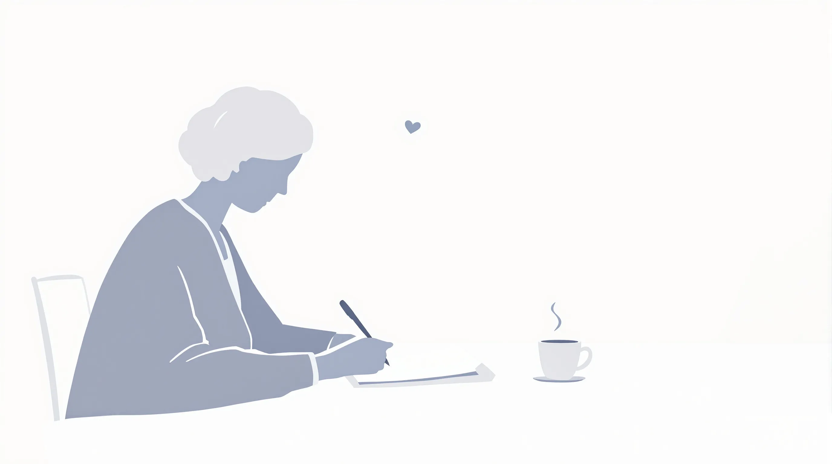 a grandmother writing a poem with a coffee cup nearby