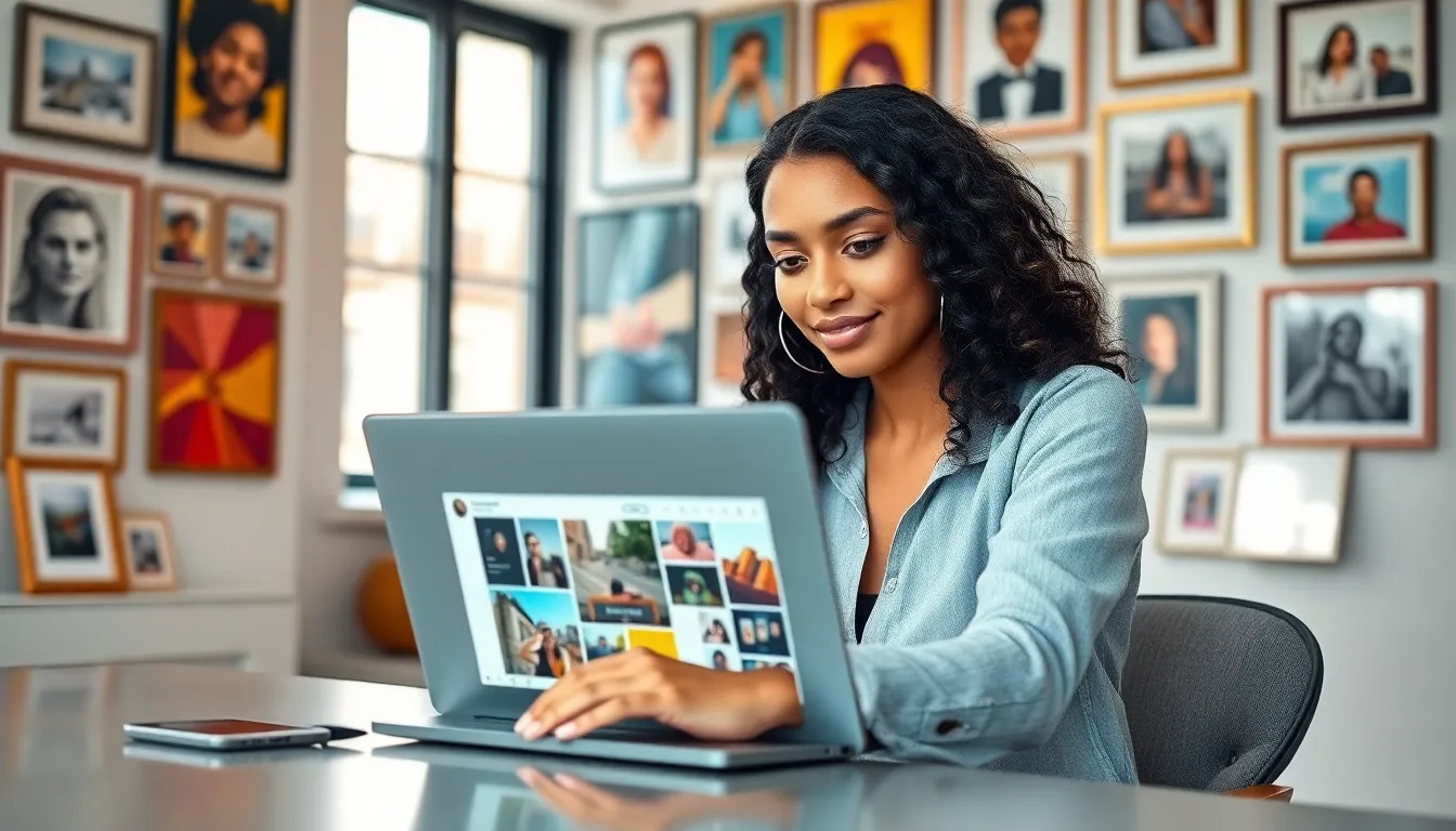 young woman working on digital storytelling in a modern office.
