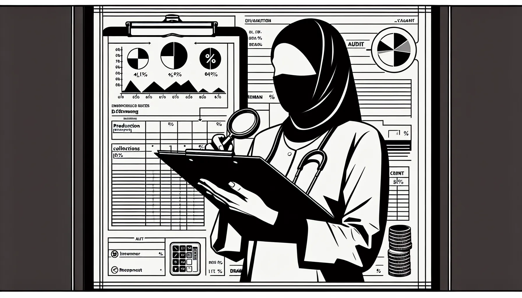 Veterinarian reviewing compensation documents with clipboard, calculator, and magnifying glass.